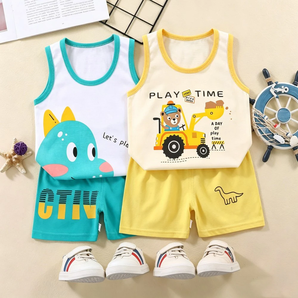 Toddler Baby Boys 2Pcs Tank Top Short Pants Set Cartoon Dog Tiger Dinosaur Print Soft Cotton Kids Summer Casual Home Clothes