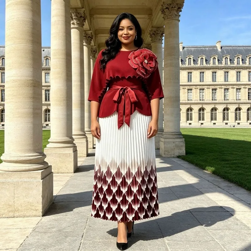 Red Floral Applique Top Gradient Pleated Midi Skirt Set Women Elegant Bow Waist 2 Piece Outfit Summer Fashion Bouncy Dresses