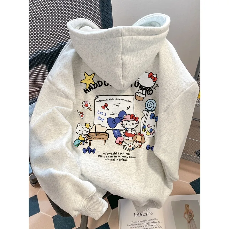 

2025 Autumn Winter Wmen's Hoodies Anime Hello Kitty Clothing Print Hooded Sweatshirt Y2K Oversized 100％ Cotton Pullover Girls