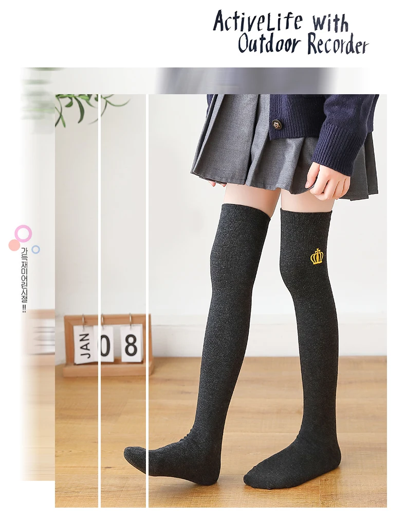Baby Kinder Baumwolle wärmer Strümpfe Cartoon Krone Stickerei über dem Knie hohe Socke Kind Mädchen Student Herbst Winter lange Socken – Detail 9