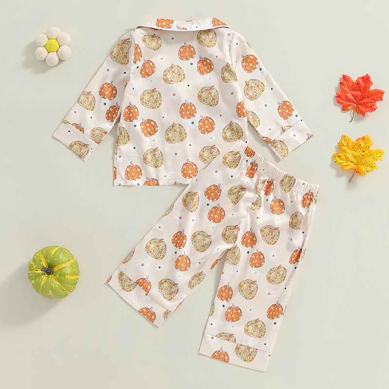 2024-05-24 Lioraitiin Kids Girls Halloween Pajamas Set, Pumpkin Print Long Sleeve Tops with Elastic Waist Pants Sleepwear