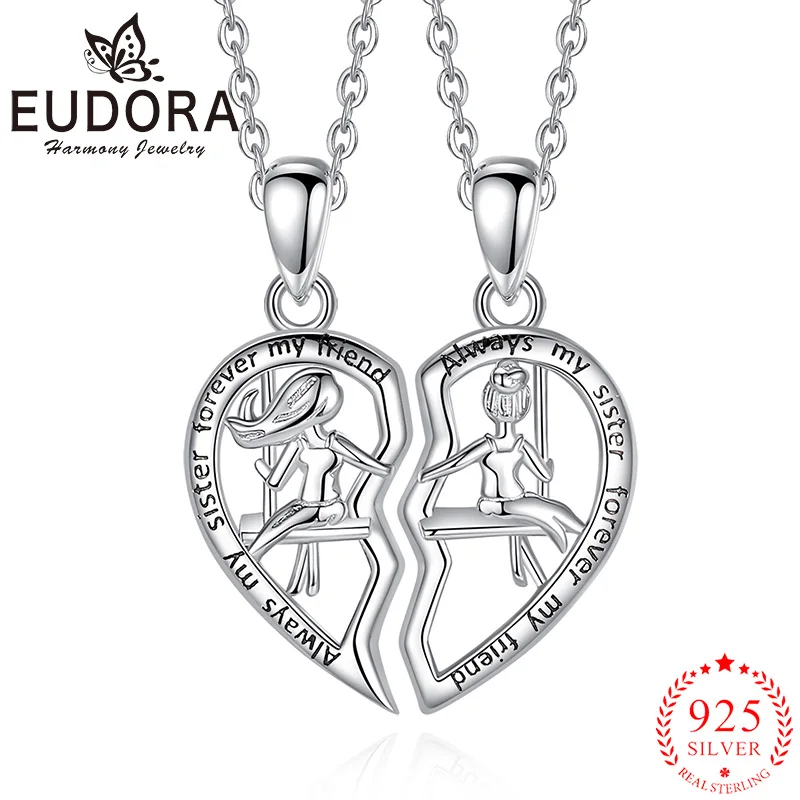 Eudora 925 Sterling Silver Sisters Swing Heart Necklace Best Friend Necklace For 2 Pcs/ Set Ladies Jewelry Gifts For Sisters