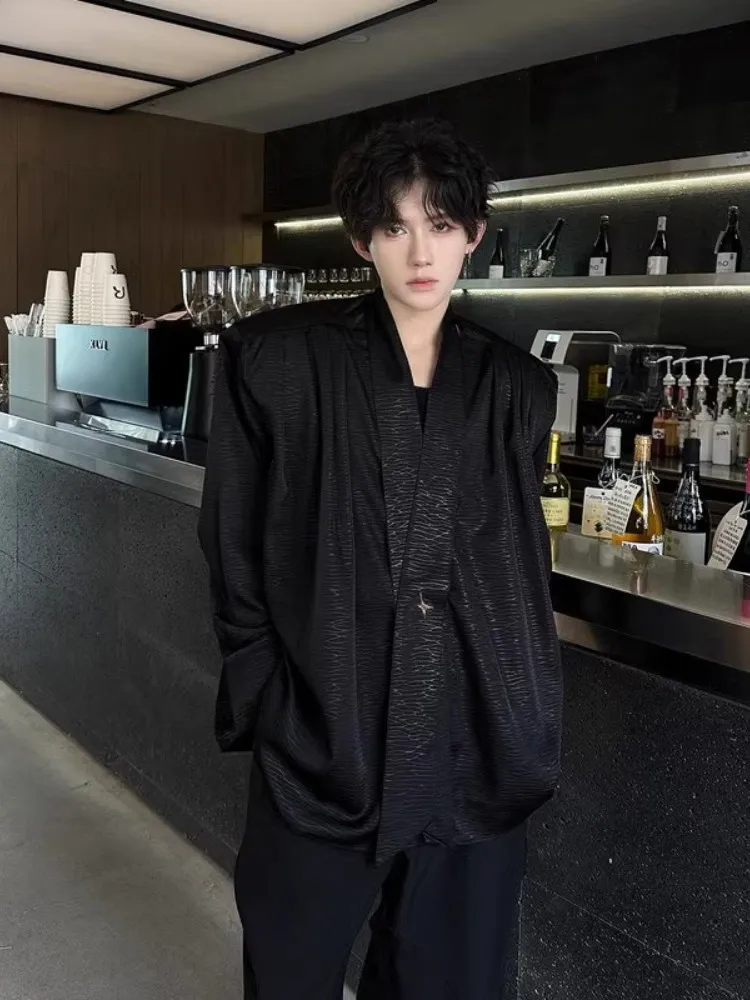 

Мужская рубашка с длинным рукавом и подплечниками, весна-осень, повседневная, в стиле Cleanfit, деконструированная, модная, с плоскими пуговицами, из чистого хлопка.