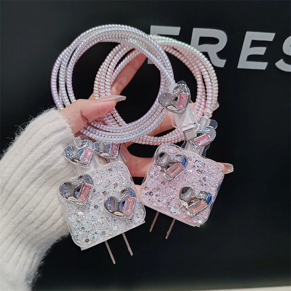 

Cute 3D Silver Love Heart Wave Border USB Cable Protector Cover For iPhone 18W/20W Data Line Bite Head Cord Fast Charging Case