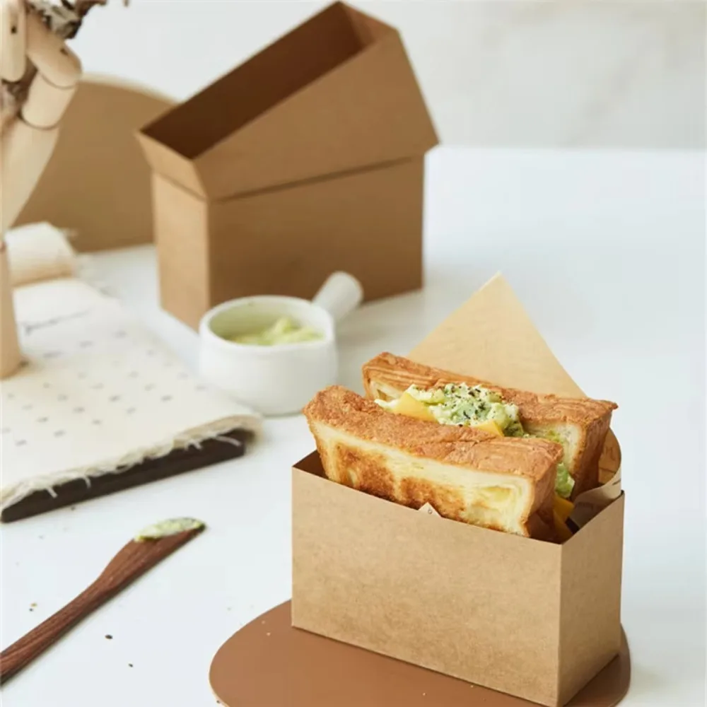 

50 Piece Kraft Paper Sandwich Packaging Boxes Disposable Thickened Toast Packing Box Brown Oil-proof French Fries Paper Tray