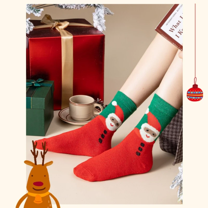 Paquete de 5 pares de calcetines navideños de lana a media pantorrilla, calcetines divertidos y lindos, patrones de Papá Noel y renos, cálidos para otoño e invierno