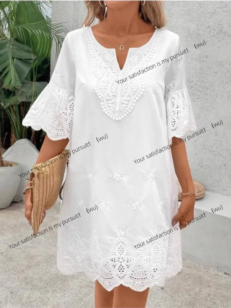 ZOCI-Fashion Casual Lace V-Neck Short Sleeve Dress New Hollow Elegant Casual White Party Dress Women's Summer Robe