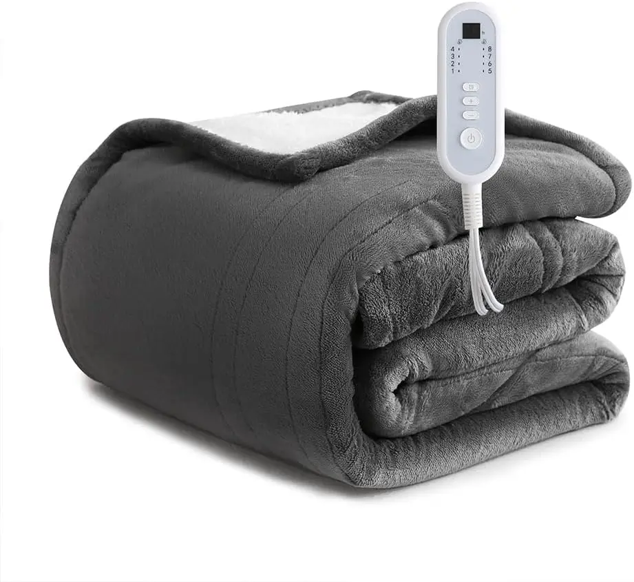 

Electric Heated Blanket Grey Twin 62x84 Inches with 8 Heat Levels Auto-Off Timer Overheat Protection