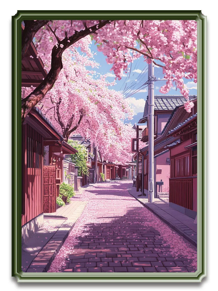 Japanese street view cherry blossom building canvas poster printing wall painting mural suitable for living room home decoration