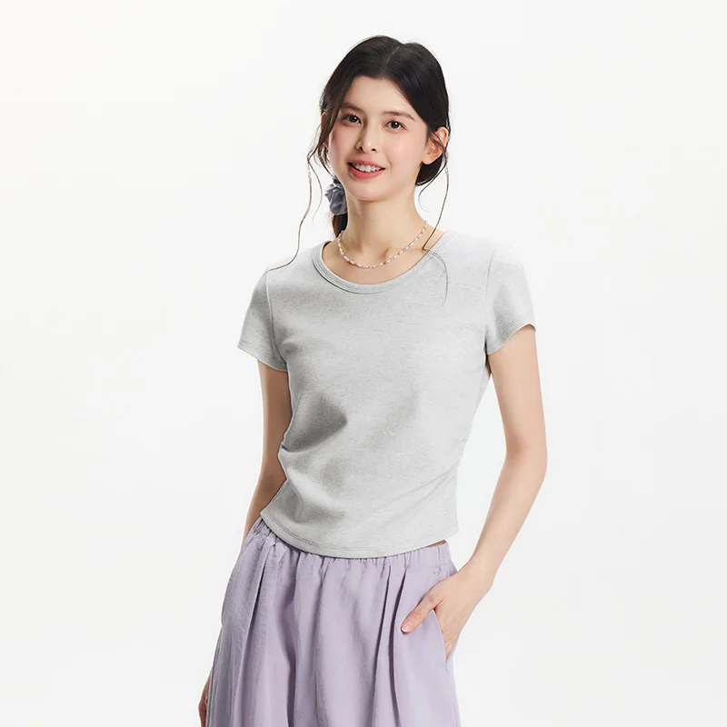 Semir تي شيرتات قصيرة الاكمام المرأة اقتصاص سليم صالح الكتف صالح تصميم 2025 جديد الصيف المطرزة تنوعا لملابس أنيقة #6