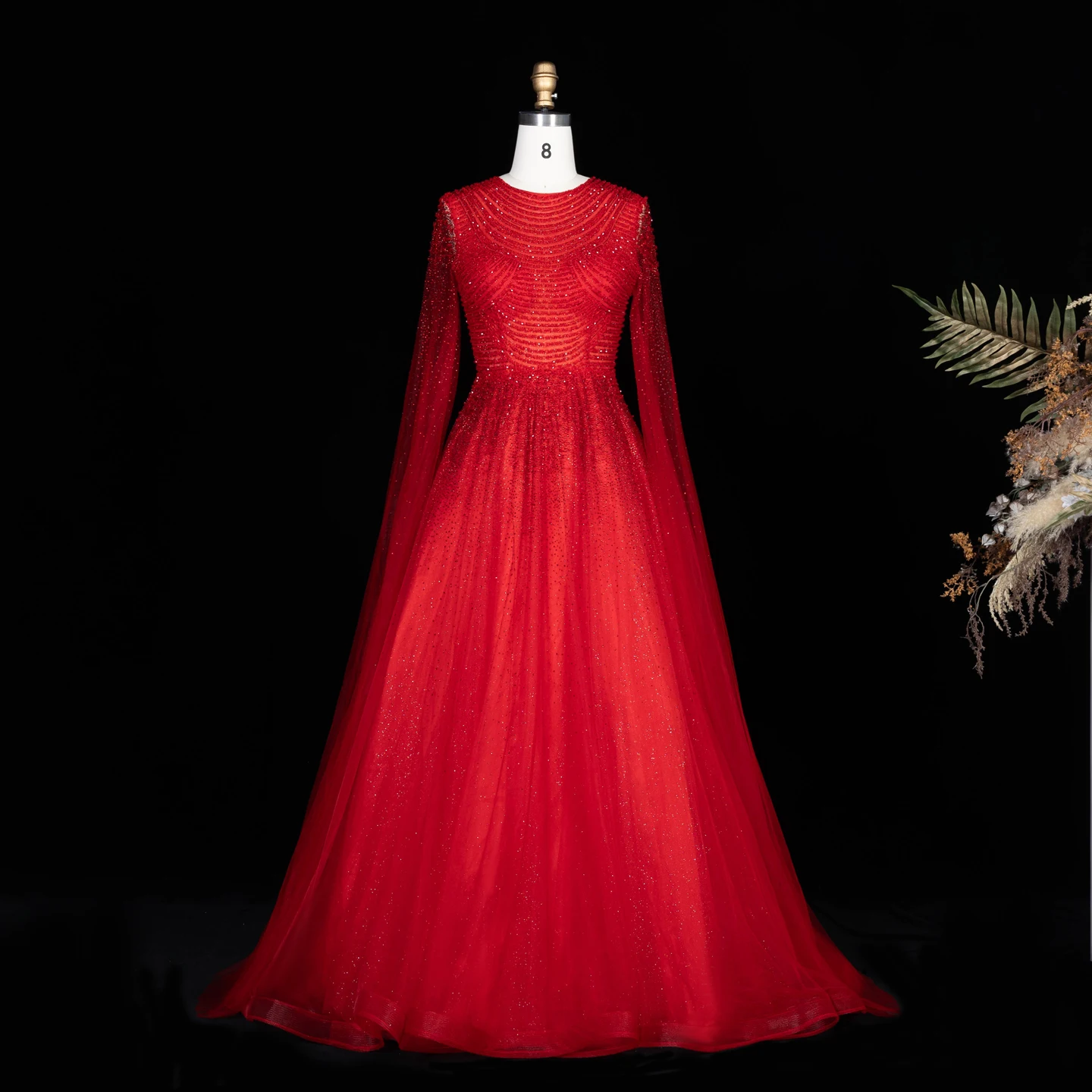 Sharon Said Luxuriöses Braunes Abendkleid mit Rundhalsausschnitt, Langen Transparenten Cape-Ärmeln und Schwer Perlenbesetztem Dubai-Formal-Partykleid SS059 Maßanfertigung – Detail 4