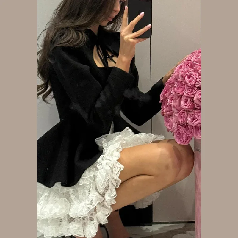 

2026 Chic Lace Puffy Hem Short Dresses Women's Elegant Luxury Blazer 2 Piece Set Stylish Formal Jacket Sweet Party Gown Outfits