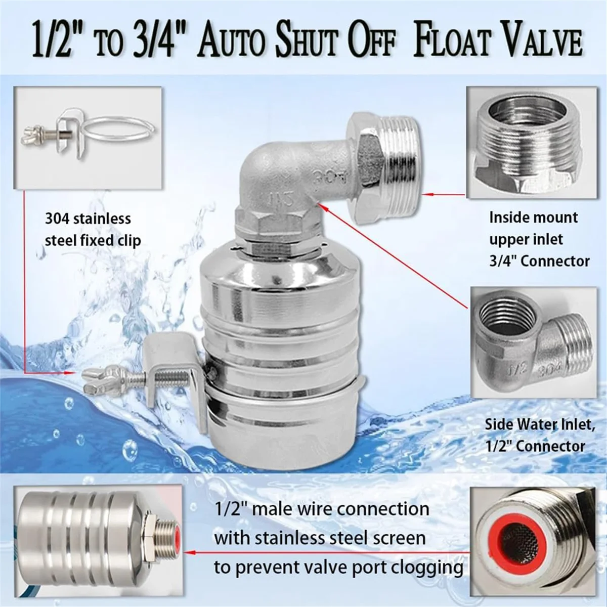 Float Valve,1/2 Inch to 3/4 Inch Water Float Valve,304 Stainless Steel Fully Automatic Water Level Control Float Valve