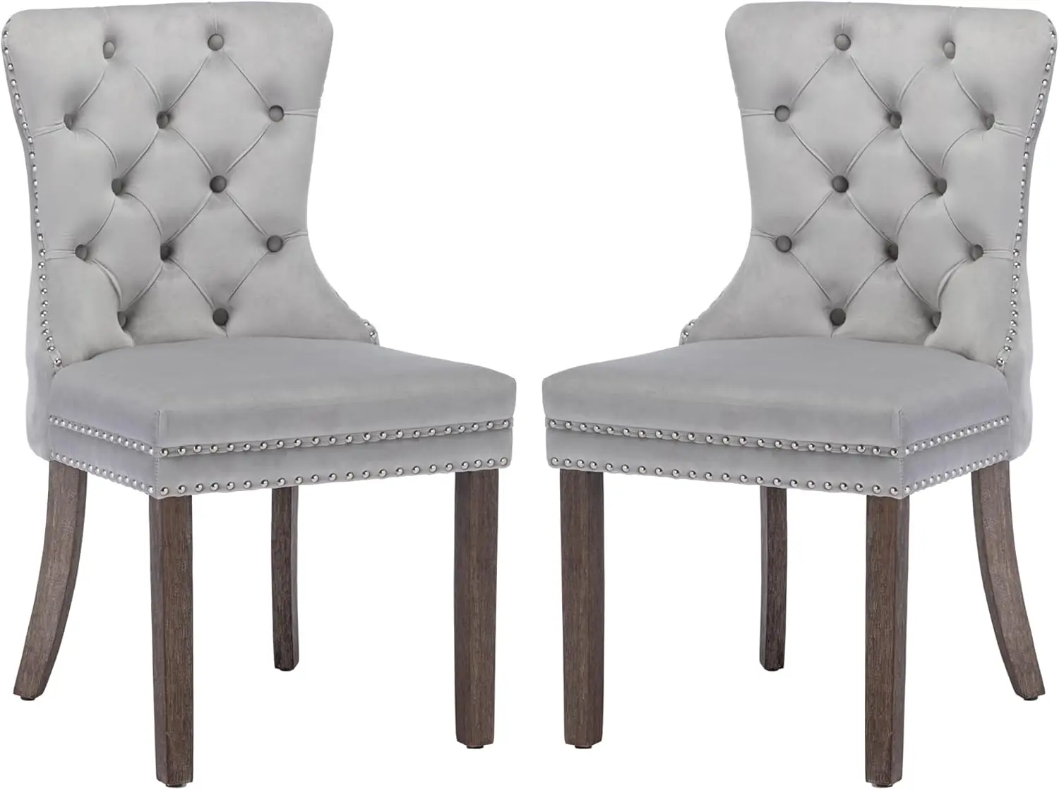 

Light Grey，Velvet Dining Chairs Set of 2, Upholstered High-end Tufted Dining Room Chair with Nailhead Back Ring Pull Trim Solid