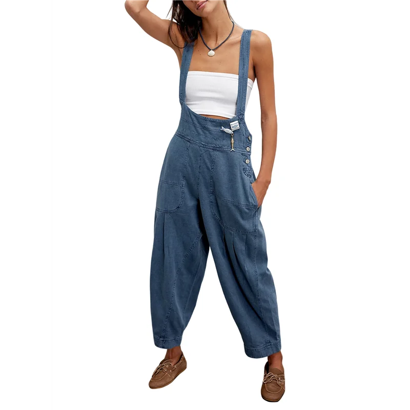 NUOVA tuta da donna con pagliaccetto regolabile in denim senza maniche laterale casual allentata con tasche