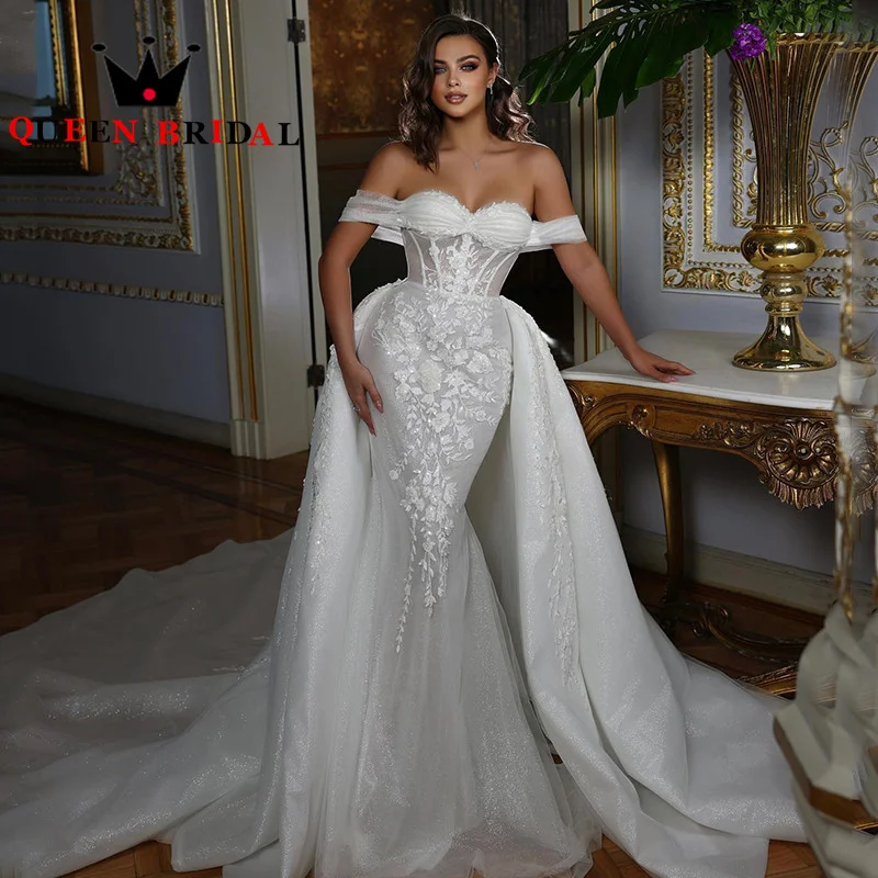 

Shining Mermaid Wedding Dresses Off Shoulder Appliques Lace Pearls Detachable Train Bridal Gowns Robe De Mariée Custom Y12E