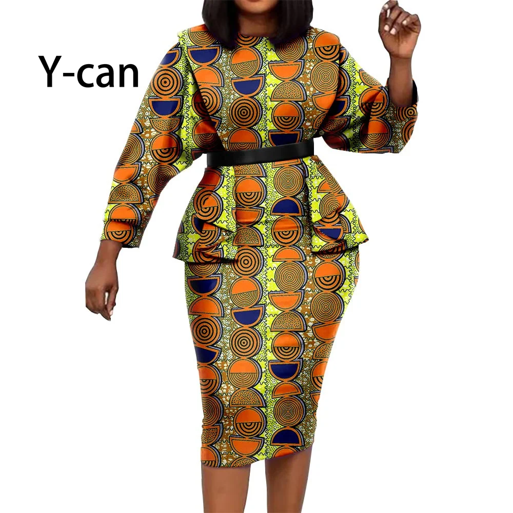 

African Ankara Print Dresses for Women Spring Summer Sexy Draped Wrist Sleeve with Waistbelt Bazin Riche Clothes Causal Y2225056