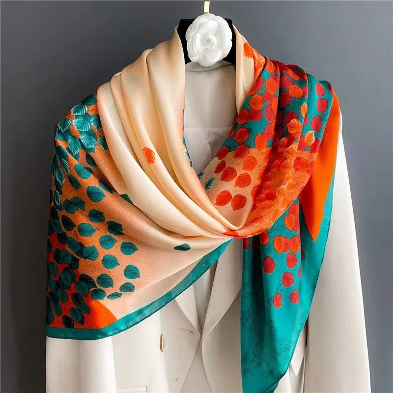 

110x110cm Women Silk Square Scarf Hijab Female Design Print Lady Shawl Wraps Foulard Headbands Bufanda Large Bandana Luxury 2023