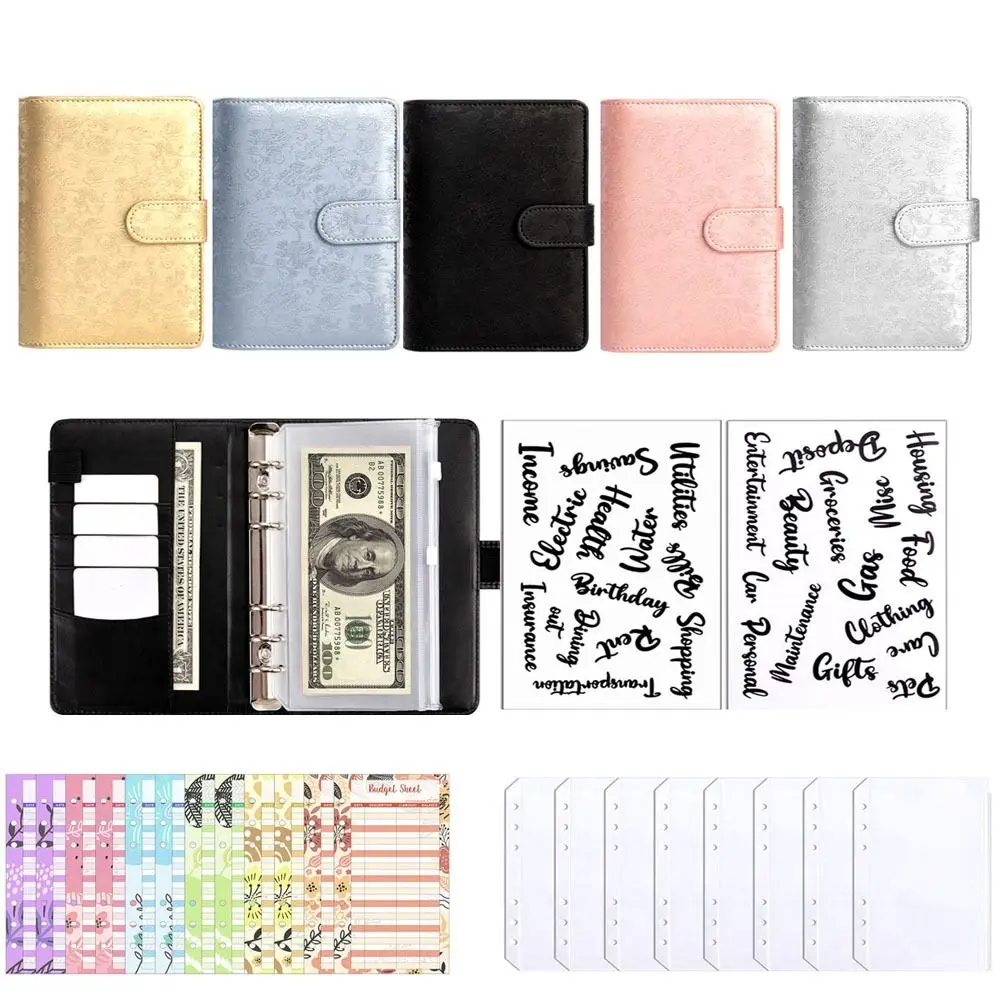 

PU Leather Savings Plan Book Satin Cover 6-Ring Binder Clip-on Journal Notebook Multiple Pockets and Slots