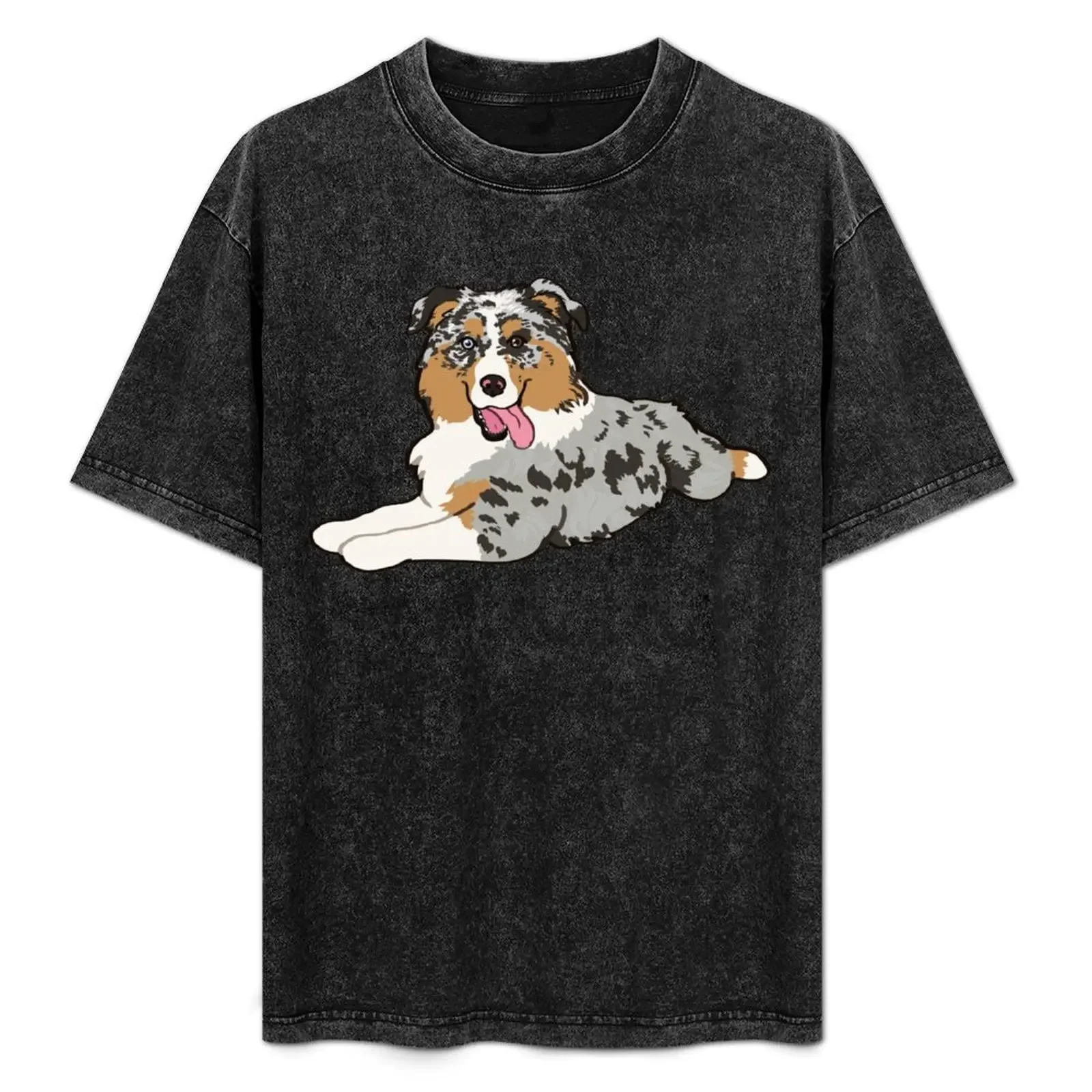 Camiseta de manga corta con estampado de perro pastor australiano Blue Merle Aussie Laying Down / Blue Merle, ropa de trabajo