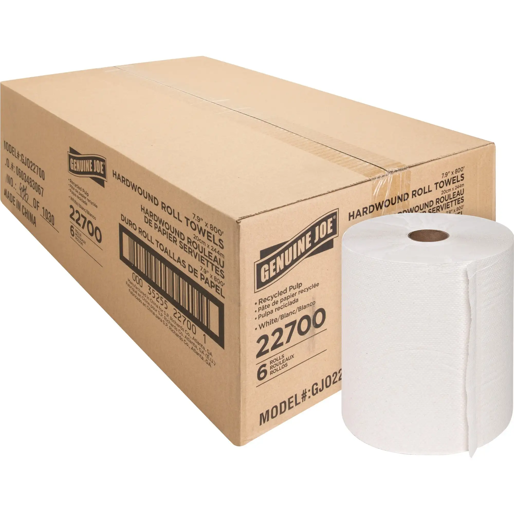 

Genuine Joe Hardwound Roll Paper Towels - 7.90 X 800 ft - White - Absorbent, Chlorine-Free, Embossed - for Restroom - 6 / Carton