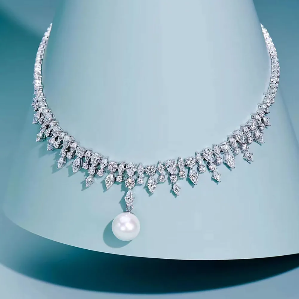 Luxury 100% 925 Solid Silver Water-Droped Topaz Pearl Lab Diamond Pendant Necklace for Women Cocktail Party Fine Jewelry Gifts