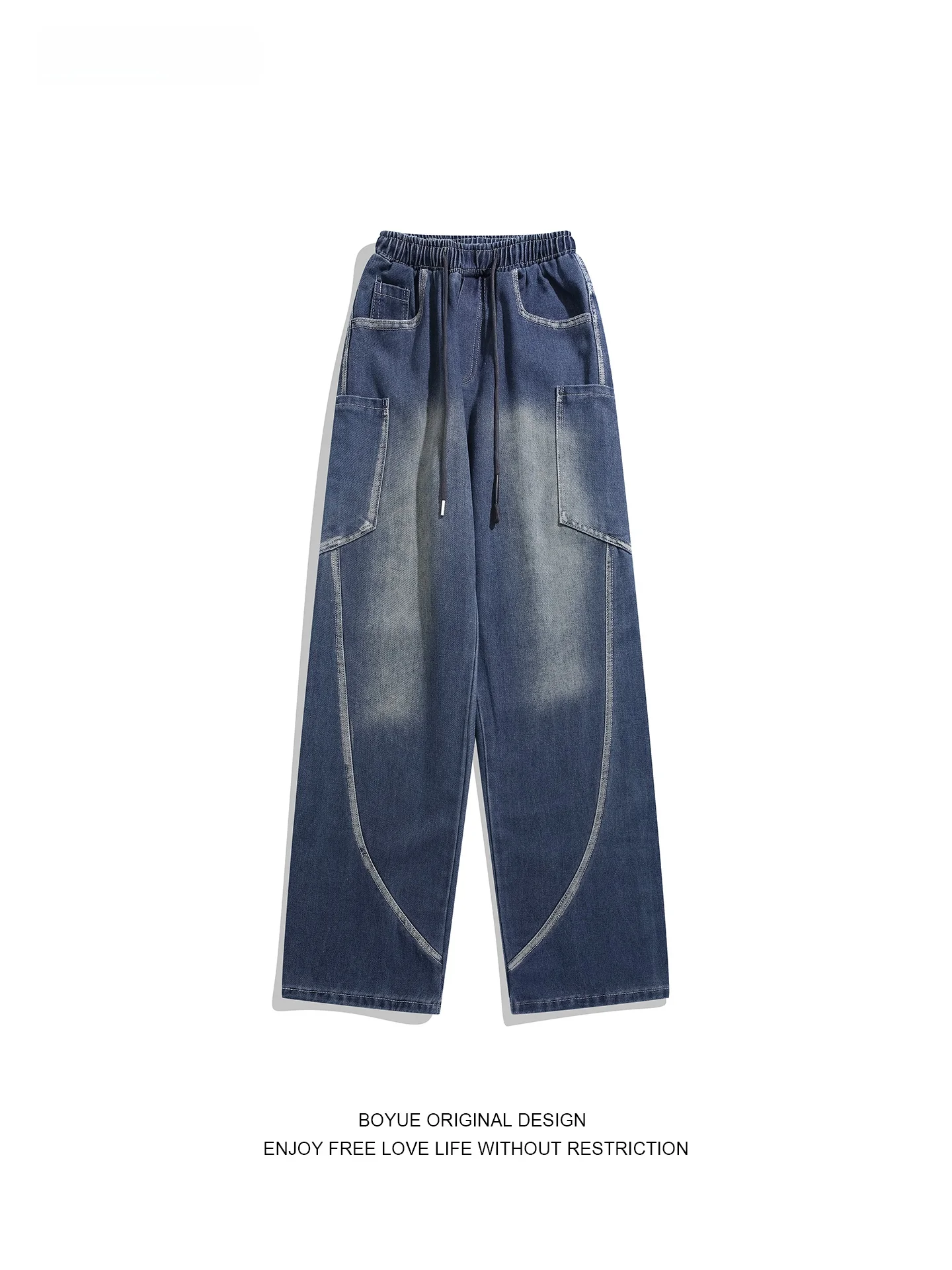 

Boyue American Retro Distred Jeans Loose Waist Splicing High Street Elastic Waist Large ket Long Pants ex Casual Co...