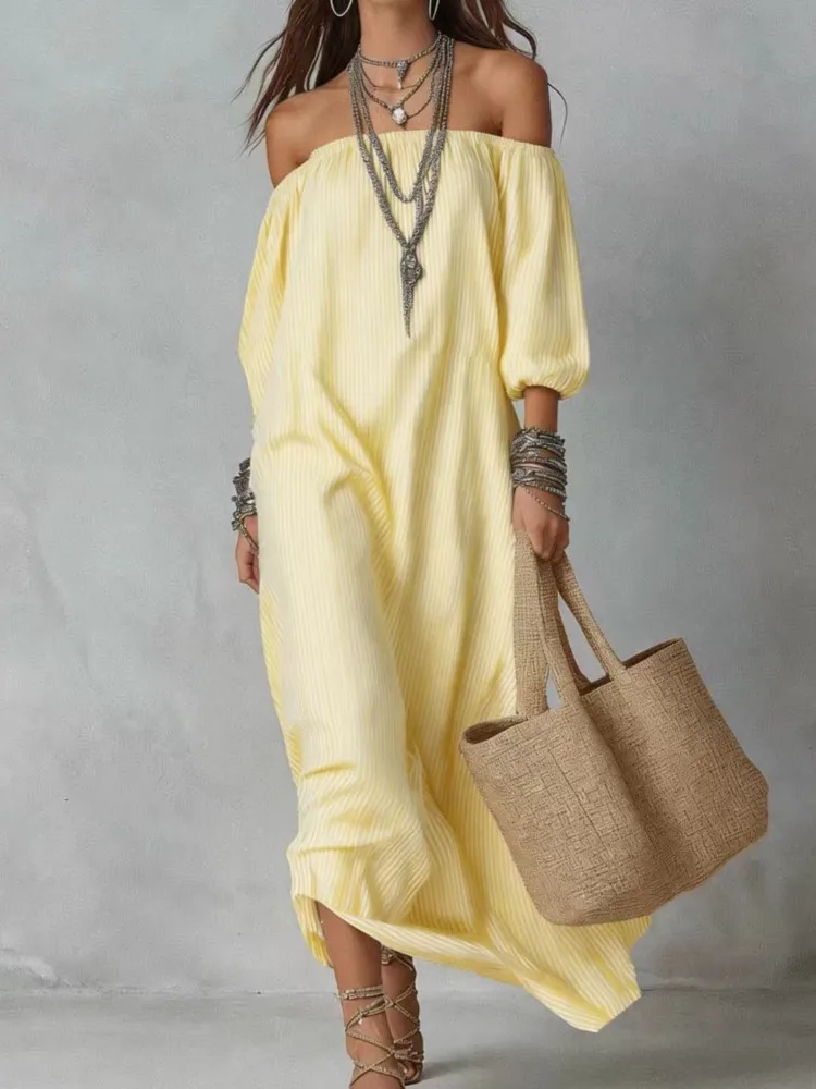 Casual Dresses New Spring Summer Elegant Striped Off-shoulder Loose Holiday Fashion Dress For Women Office Holiday Party Dress - Image 4