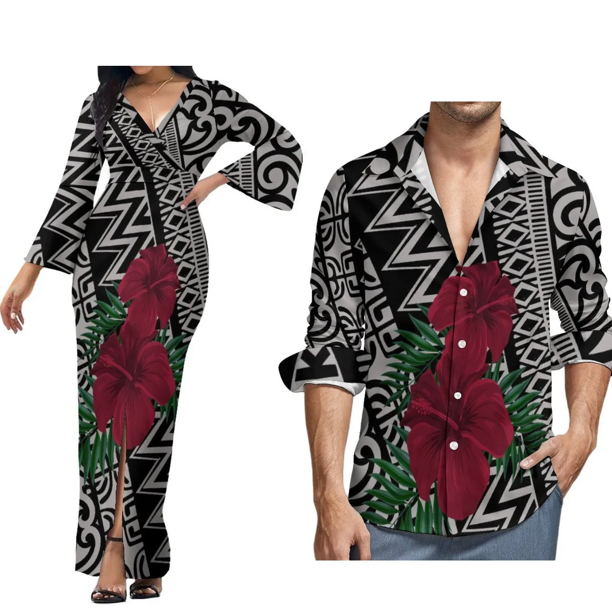 Ternos de casal quente feminino com decote em v vestido de manga longa sexy fenda maxi vestido e camisa aloha de manga longa masculina polinésia samoa personalizado