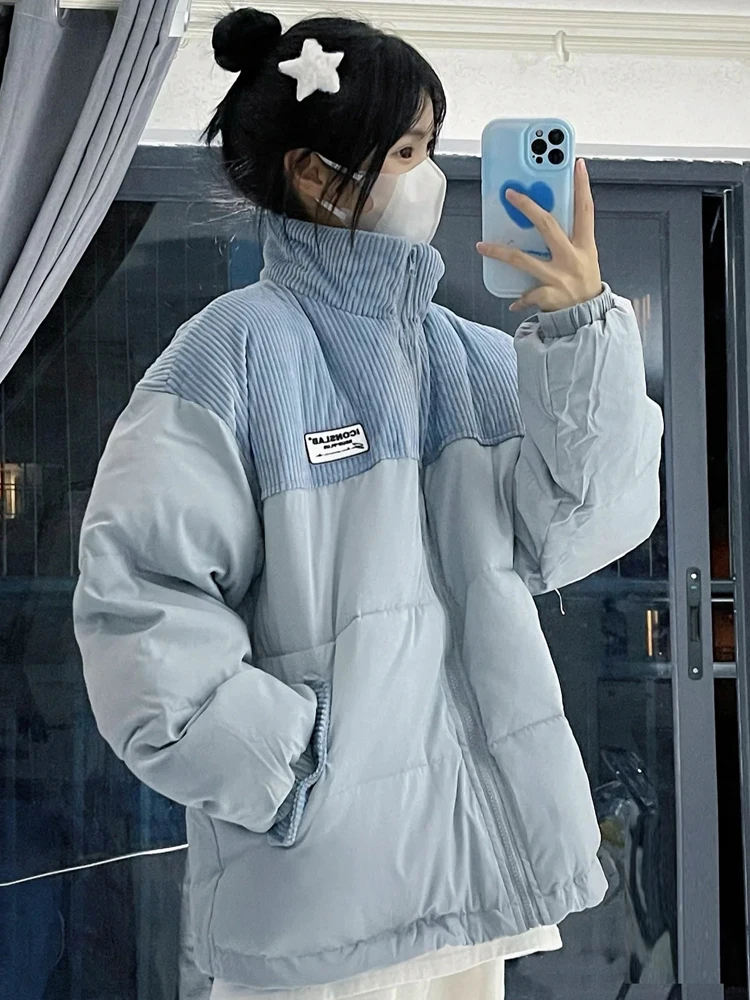 Blue ort Puffer Jaet Women's Winter Loose Fit Student Cotton Coat Thi Outerwear Korean Sle Commute Faion