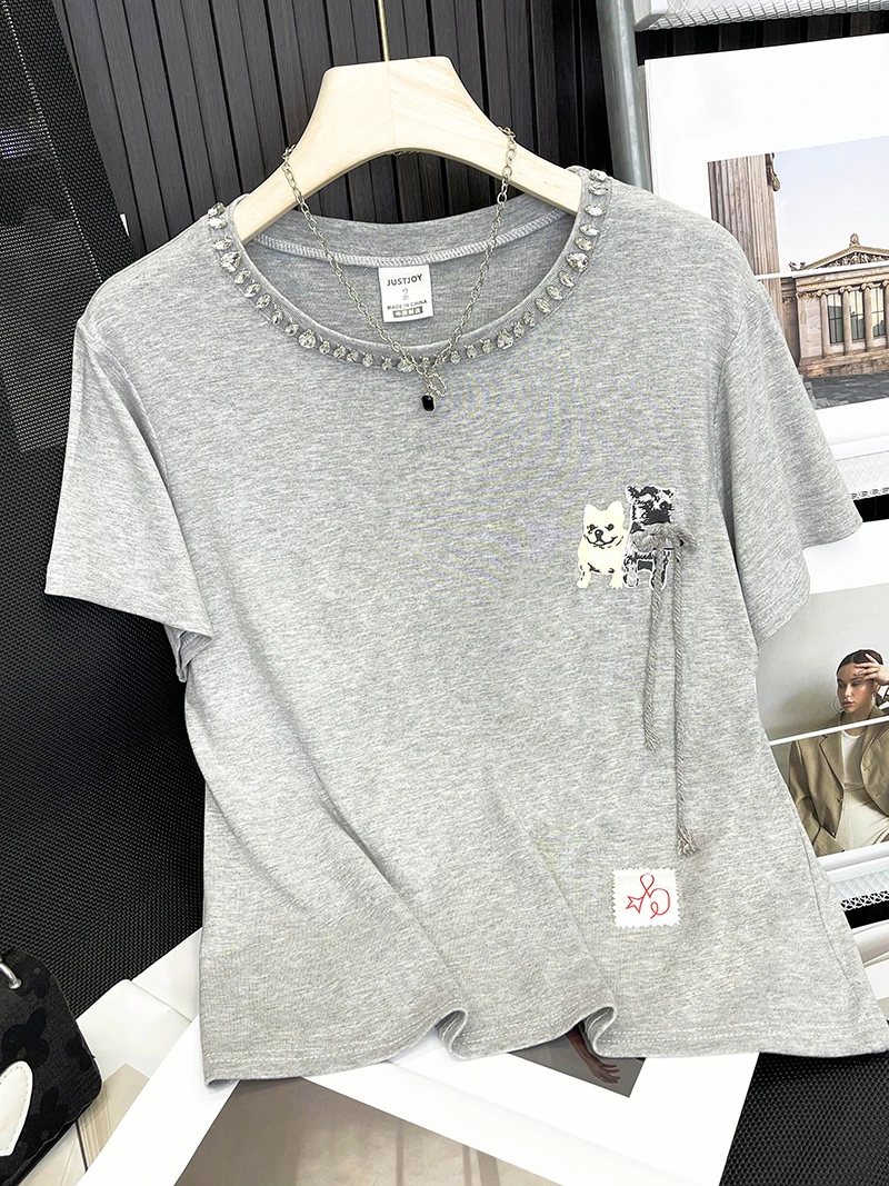 

Новая женская футболка 2024 года с обильной вышивкой стразами, свободного кроя, летняя мода, большие размеры до 250 фунтов