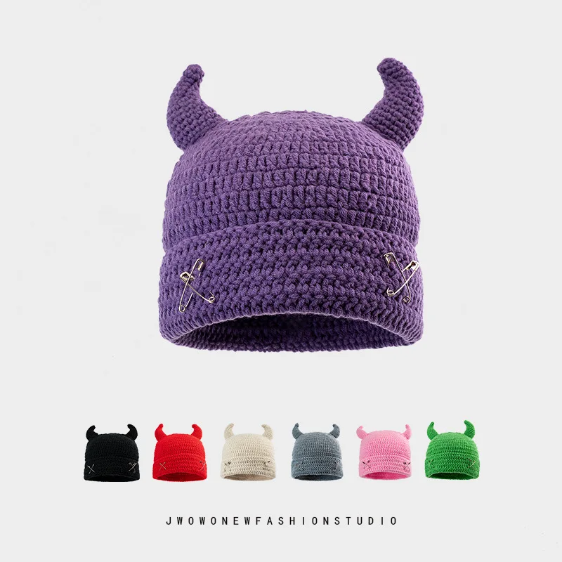 Little Devil Horn Handmade Woolen Hat for Girl Autumn Winter Halloween Personalized Pin Knitted Hat Solid Color Warm Crochet Hat