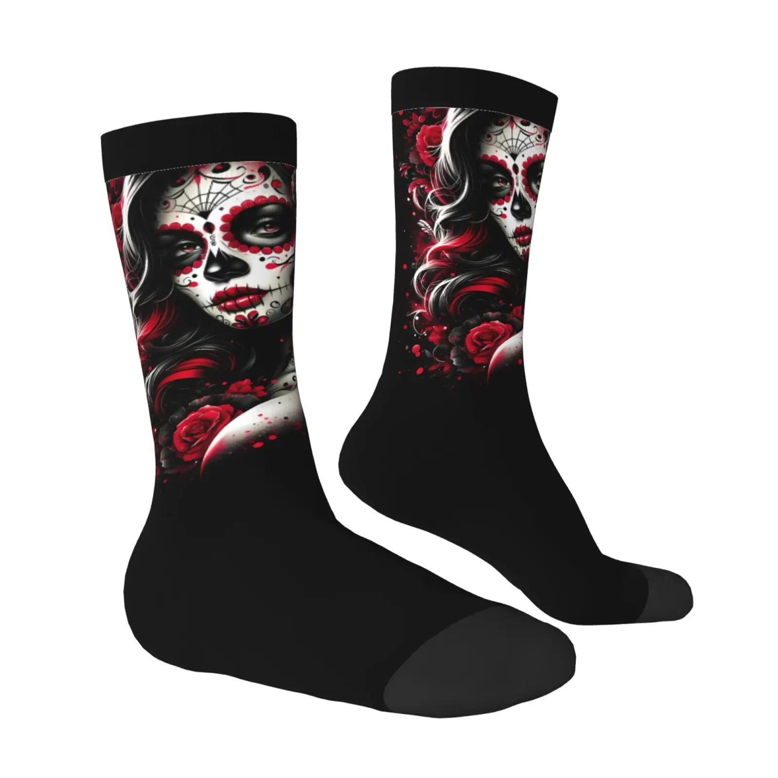 Day of the Dead Sugar Skull Print Crew Socks, Rose Catrina Lady Graphic Mid Calf Socks, Halloween Novelty Socks for Men Women