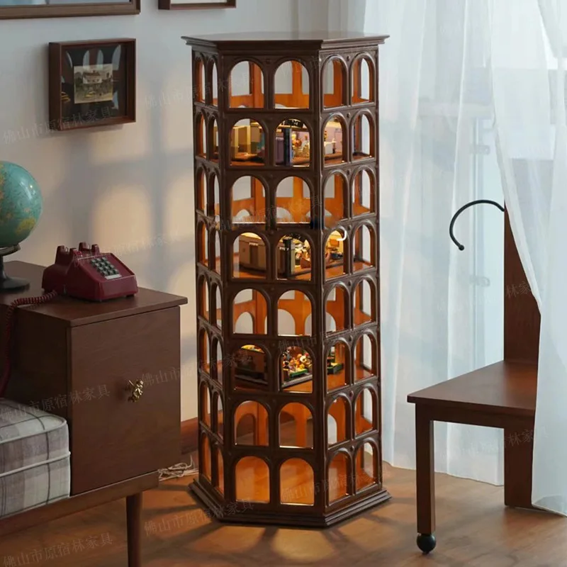 Figure display cabinet Solid wood round arch Four-layer multi-functional display cabinet Display cabinet Vintage wood hollow