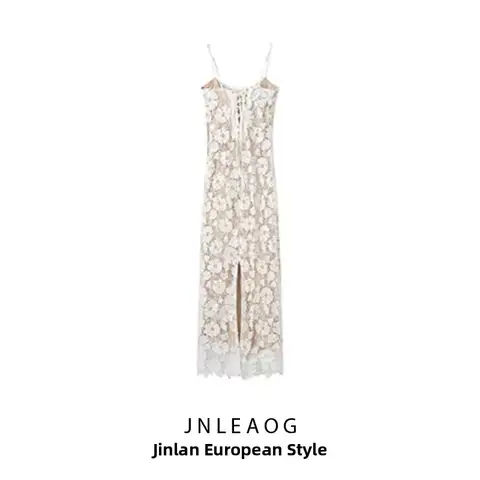 JNLEAOG Women's Lace Trim Belted Strap Dress Autumn New Style European Style Polyester Fiber No Sleeve Business Casual Dress