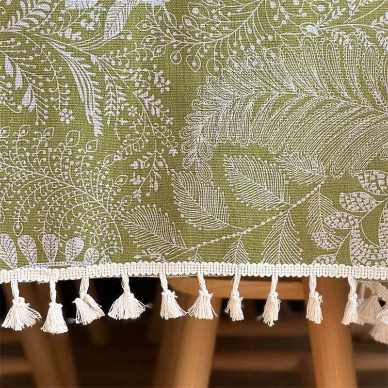 Green Flowers Embroidery Vintage Elegant Tassels Tablecloth Mesh Dining Table Rectangle Cafe Cabinets Cover Kitchen Dinning Room