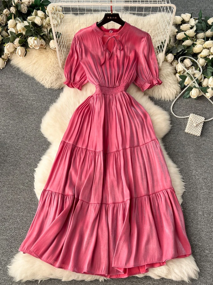 Elegant Solid  Pleat A-line Dress Women Summer Round Neck Hollowed Out Bubble Sleeves Elastic Waist Slim Party Vacation Robe