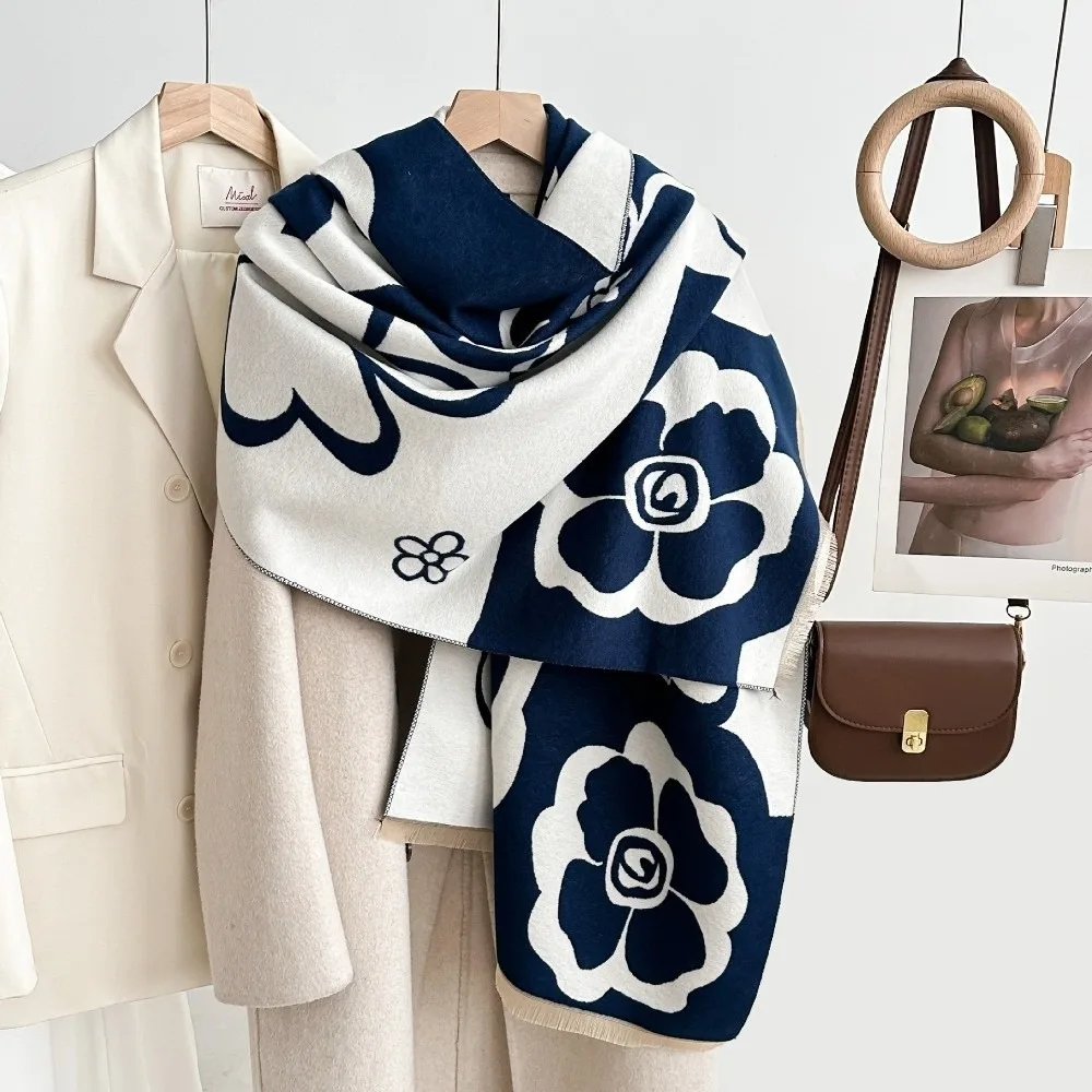

Cozy Luxury Cashmere Scarf Warm Flower Pattern Winter Shawl Soft Thick Bufanda Stoles Women Winter Season Fashion Accessory