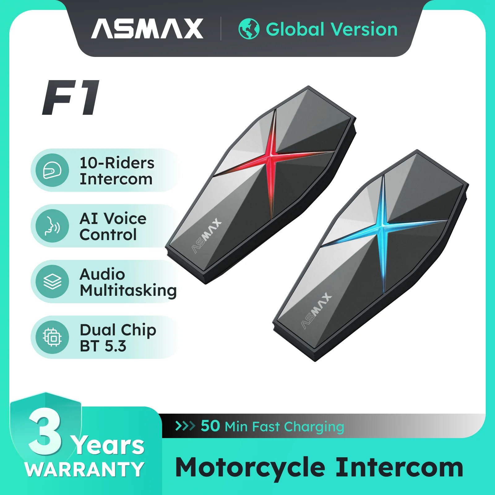 

ASMAX F1 Mesh Motorcycle Intercom AI Voice, HD 45mm Speakers, 1350mAh Battery, Pro-Level Helmet Communication System