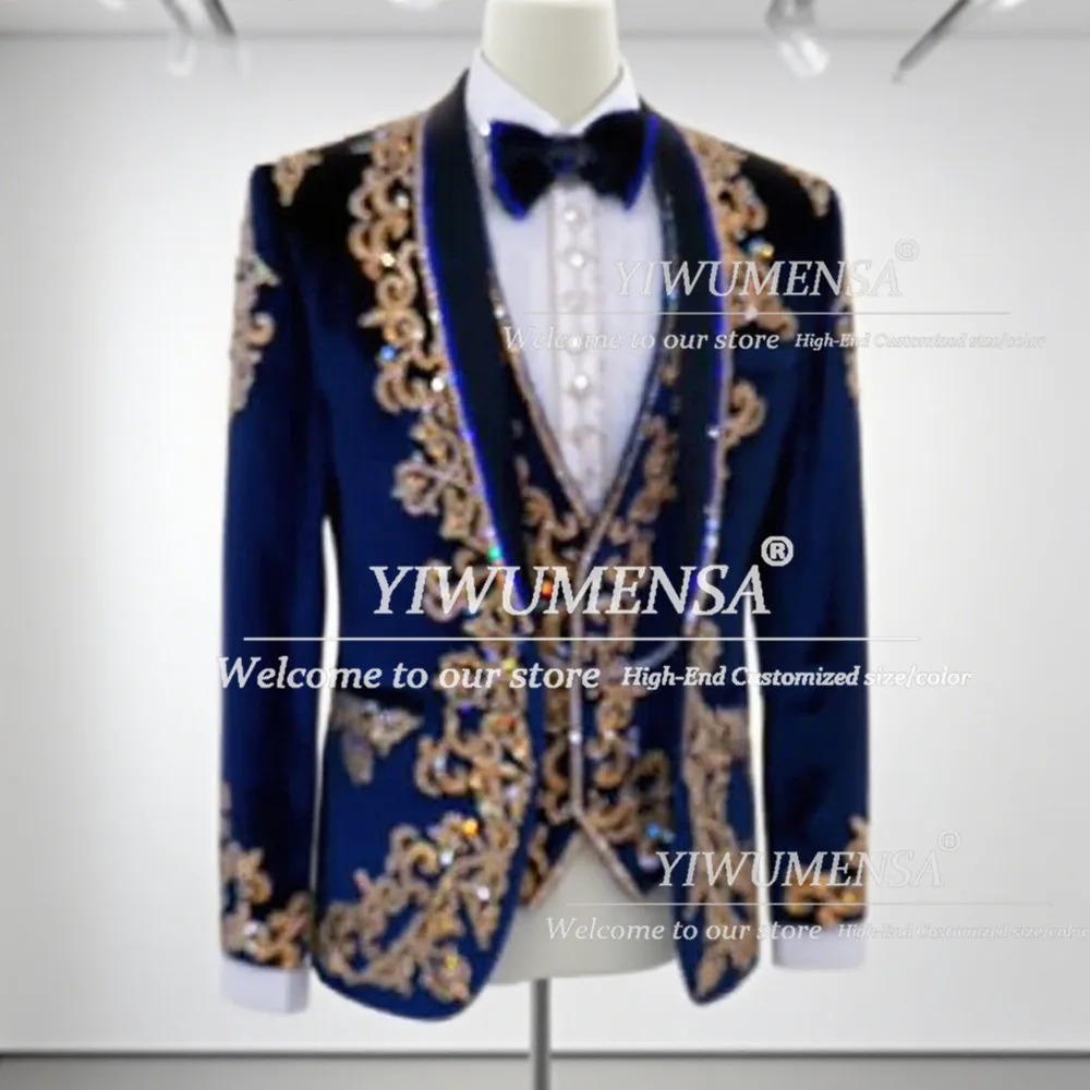 

Мужские модные костюмы с кристаллами и бисером, мужские свадебные комплекты из 3 предметов, индивидуальная шаль с этикеткой, бархатные пиджаки для выпускного вечера, мужские вечерние смокинги