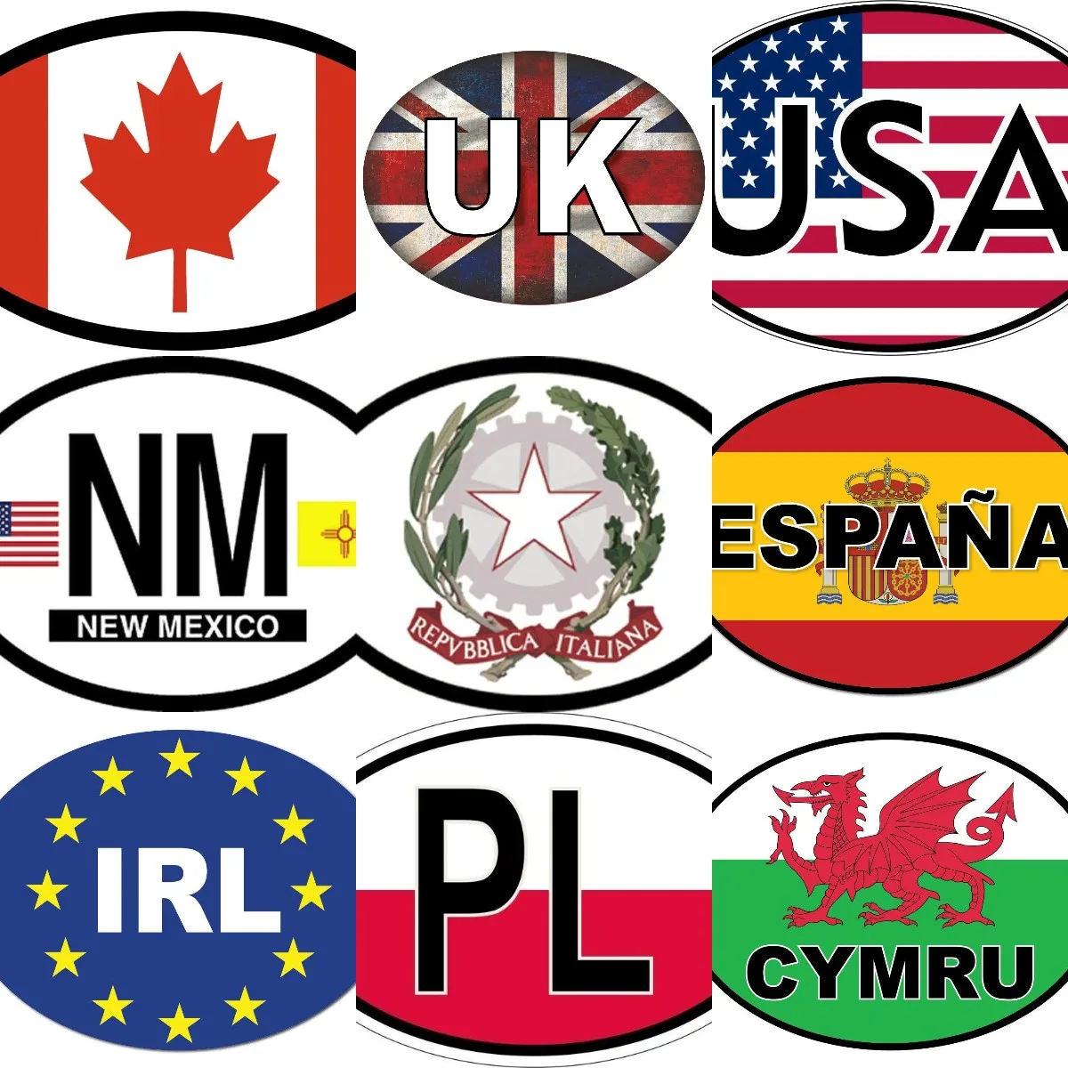 NM New Mexico Canada USA America PL Poland Spain Uk Britain IRL Ireland CYMRU National Flag Code Abbreviation Car Sticker