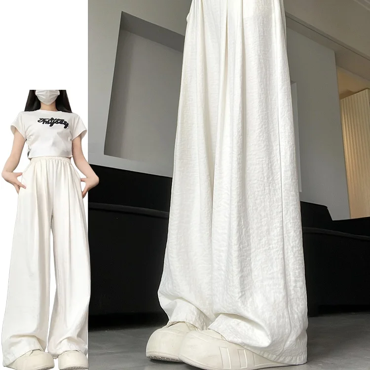 กางเกงขายาวผ้าไหมน้ำแข็งเนื้อฟองนม สไตล์ลำลอง ต่อต้านริ้วรอย สไตล์เกาหลี สำหรับผู้หญิง ฤดูใบไม้ผลิ ฤดูร้อน 2025 รุ่นใหม่ ไซส์เล็ก ระบายอากาศได้ดี ทรงขากว้าง