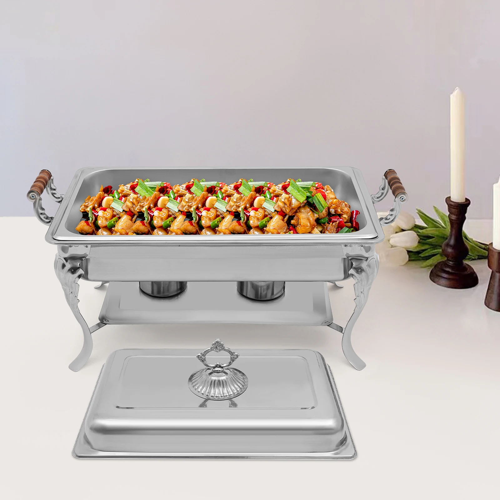 

European Classic Rectangle Chafing Dish, 9L/2.38Gal Stainless Steel Chafing Dish, Chafing Dish Buffet Set 66*36*40cm with Lid