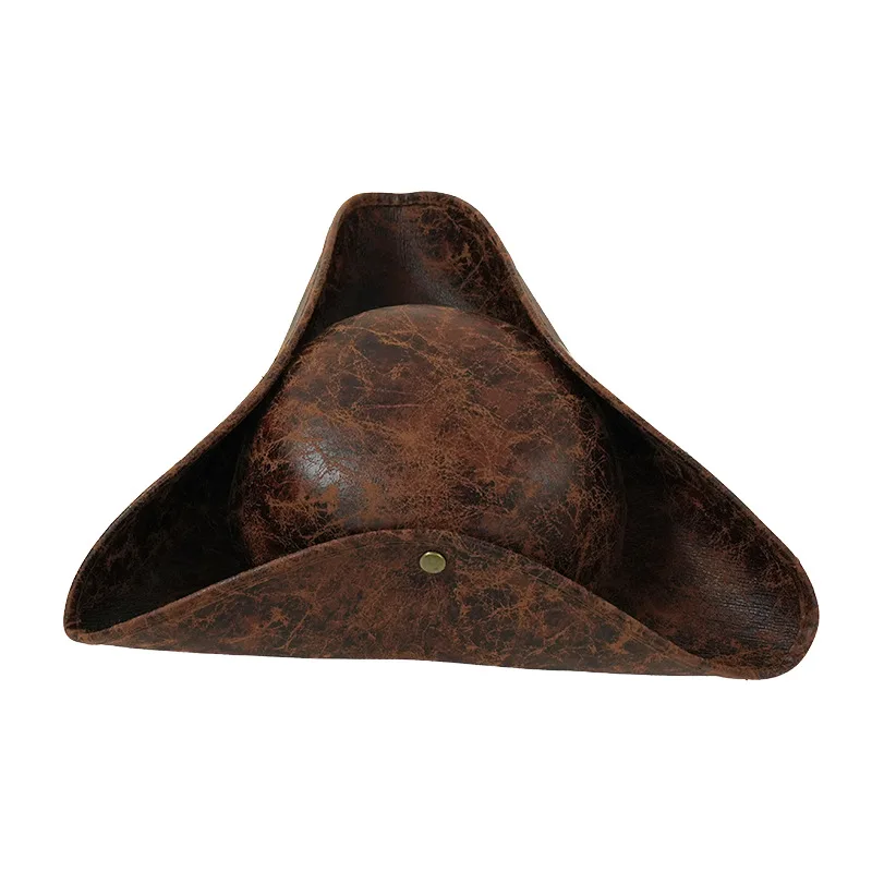 Brown Faux Leather Pirate Hat,Tricorn Pirate Hat,Novelty Leather Pirate Hat for Men Women Halloween Cosplay Costume Accessories