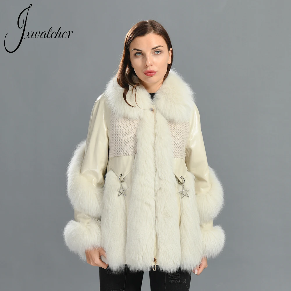 Jxwatcher Winter Real Fox Fur Coat 2022 New Arrival Autumn Genuine Leather Jacket Ladies Fashion Full Sleeves Warm Outerwear