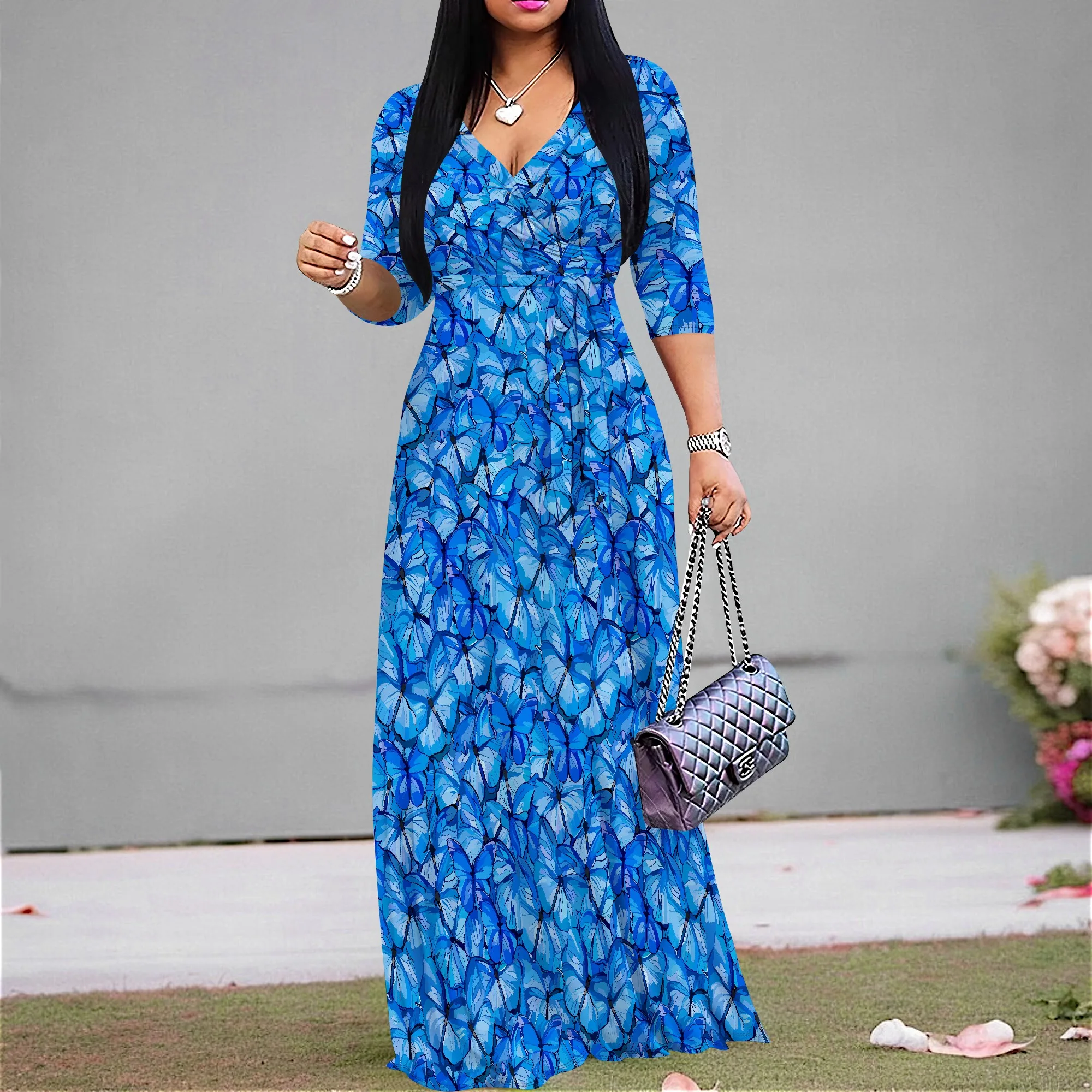 

Women's Long Dress Plus Size V Neck 3/4 Sleeve Maxi Wrap Dresses Summer Sundress with Belt