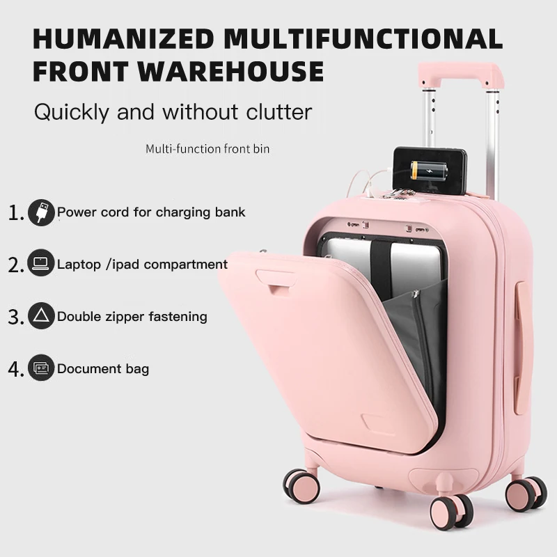 SUSHIMU Front Laptop Pocket Suitcase Wide Handle Travel Suitcase Men 20\'\'Carry-On Luggage Women PC Aluminum Frame Trolley Case 2