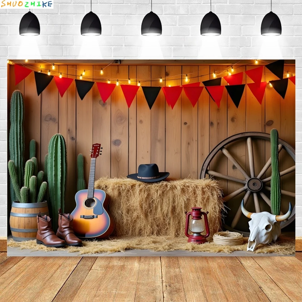 Western Party Photography Backdrop Cactus Haystack Guitar Boots West Cowboy Birthday Party Photo Background Decor Photostudio