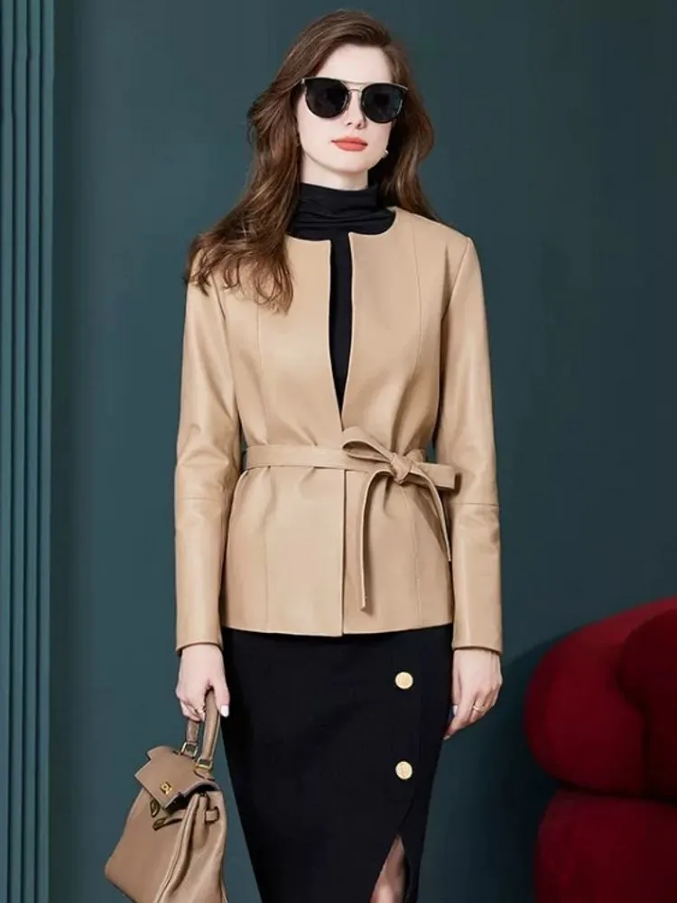 Spring New Women O Neck Belted Slim Fit Soft Real Sheepskin Coat Elegant Office Ladies Genuine Leather Jacket Fashion Outerwear