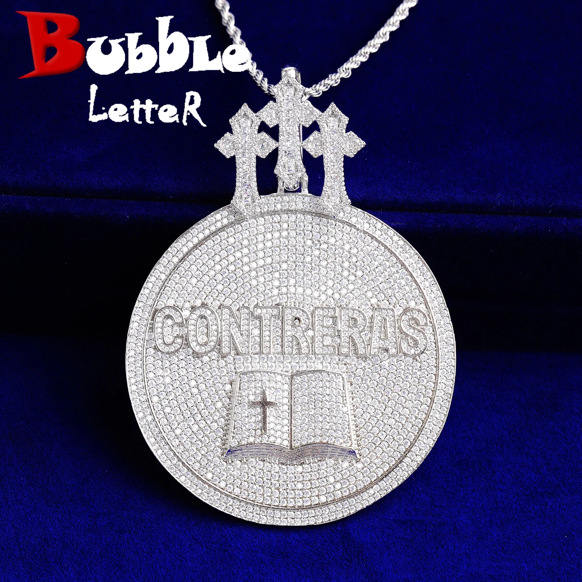 Bubble Letter Iced Out Triple Cross Bail Contreras  Book Disc Necklace Pendant for Men Real Gold Plated Hip Hop Jewelry